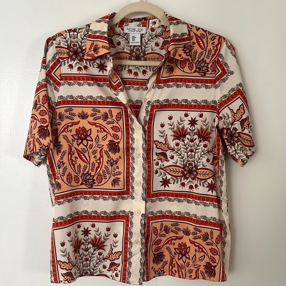 Rachel Zoe Women’s Scarf Print Short Sleeve Button Down Blouse